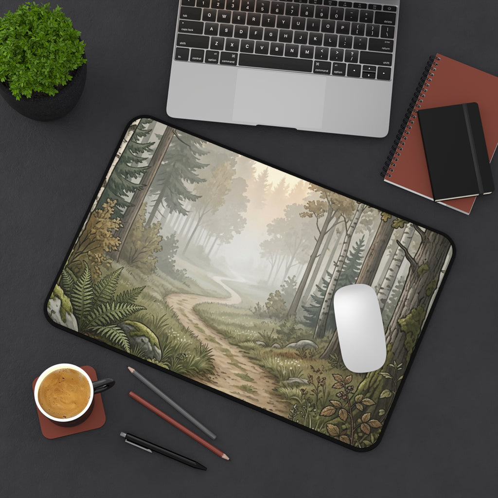 Forest Path Desk Mat — Misty Woodland Mouse Pad for Nature-Lovers, Calming Office & Gaming Surface